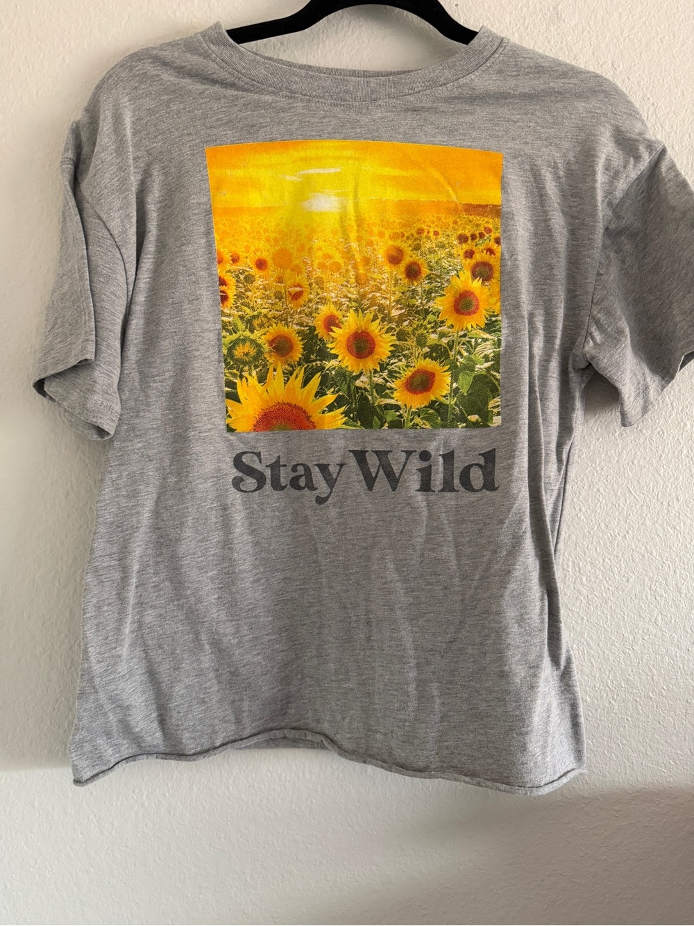 Awake T Shirt " STAY WILD " Sunflower Graphic Tee Gray